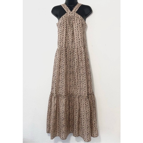 Joie Rosabel Printed Tiered Dress, Brown Cream Halter Geometric Pattern, Size XS - Picture 3 of 9